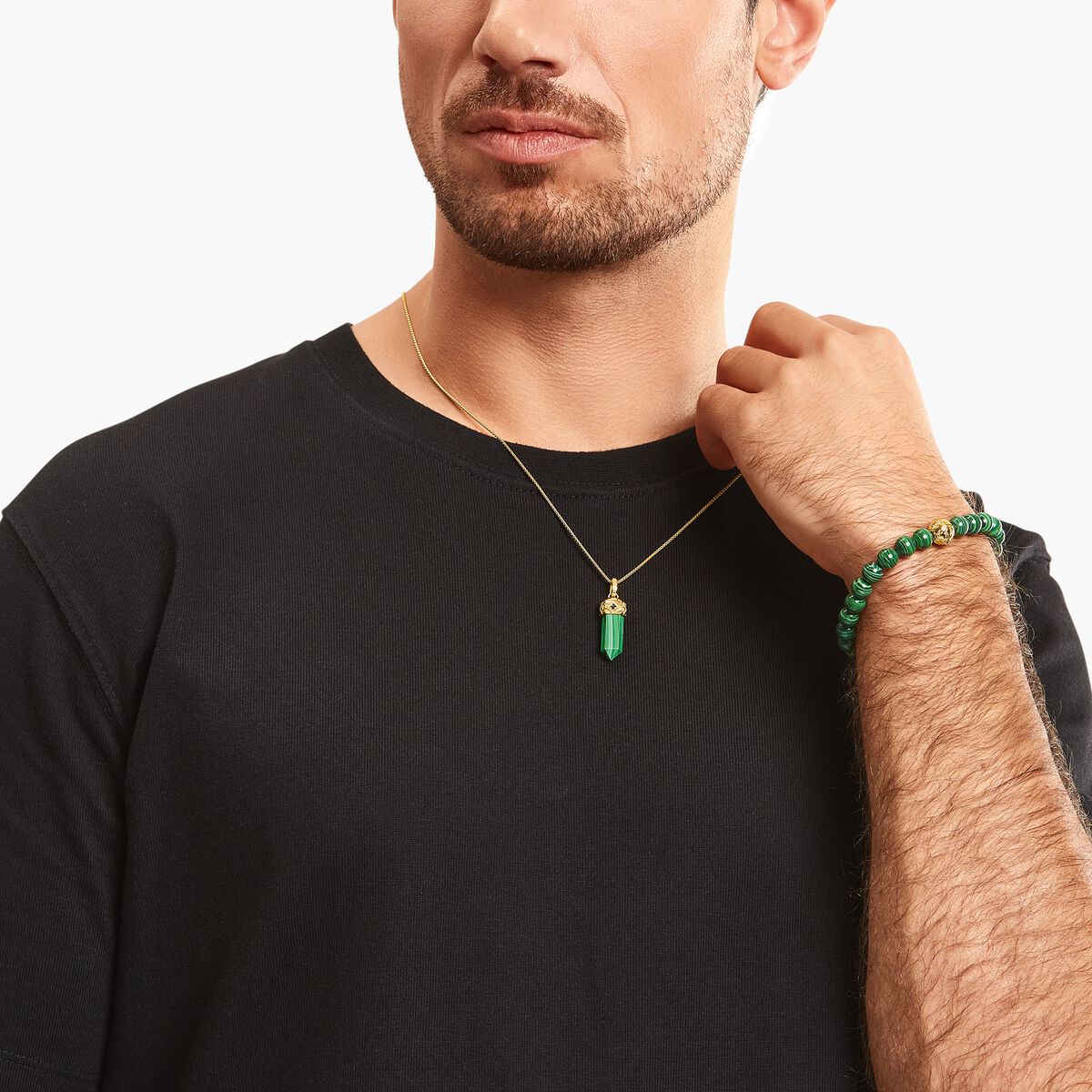 Gold-plated beads bracelet with green malachite