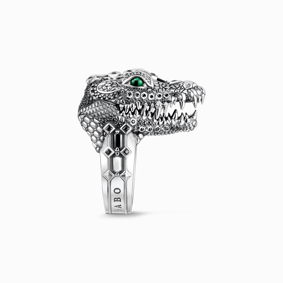 Blackened silver ring with crocodile head and black and green stones