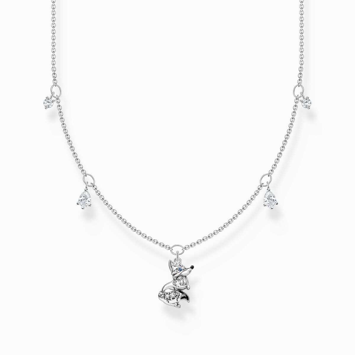 Necklace fox with white stones silver