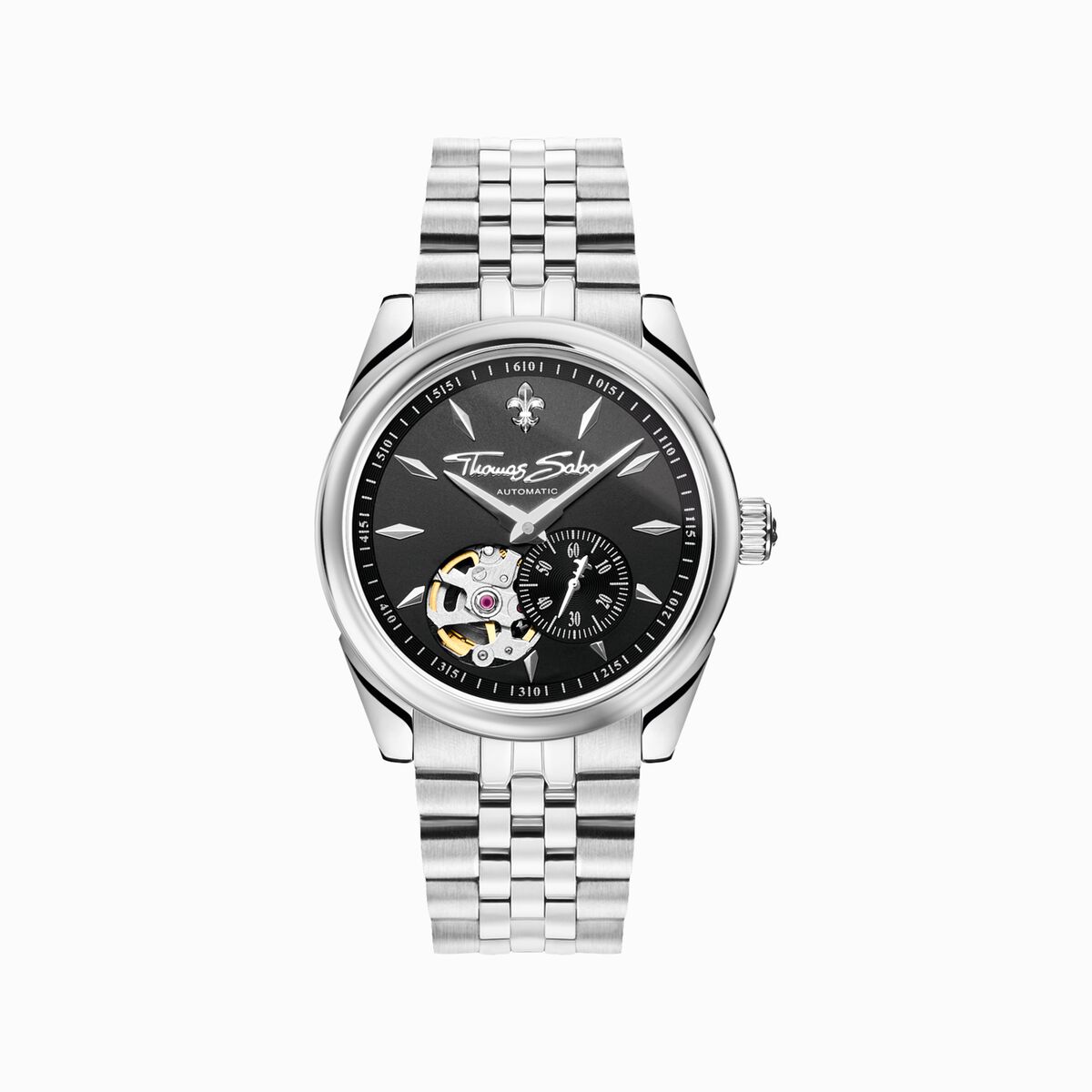 Silver automatic watch with 36 mm and lilies emblem