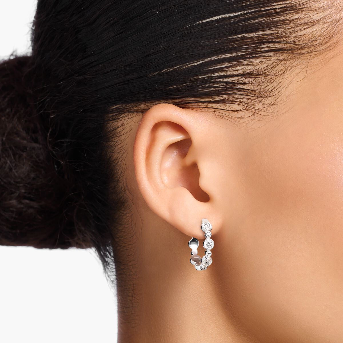 Hoop earrings circles with white stones silver
