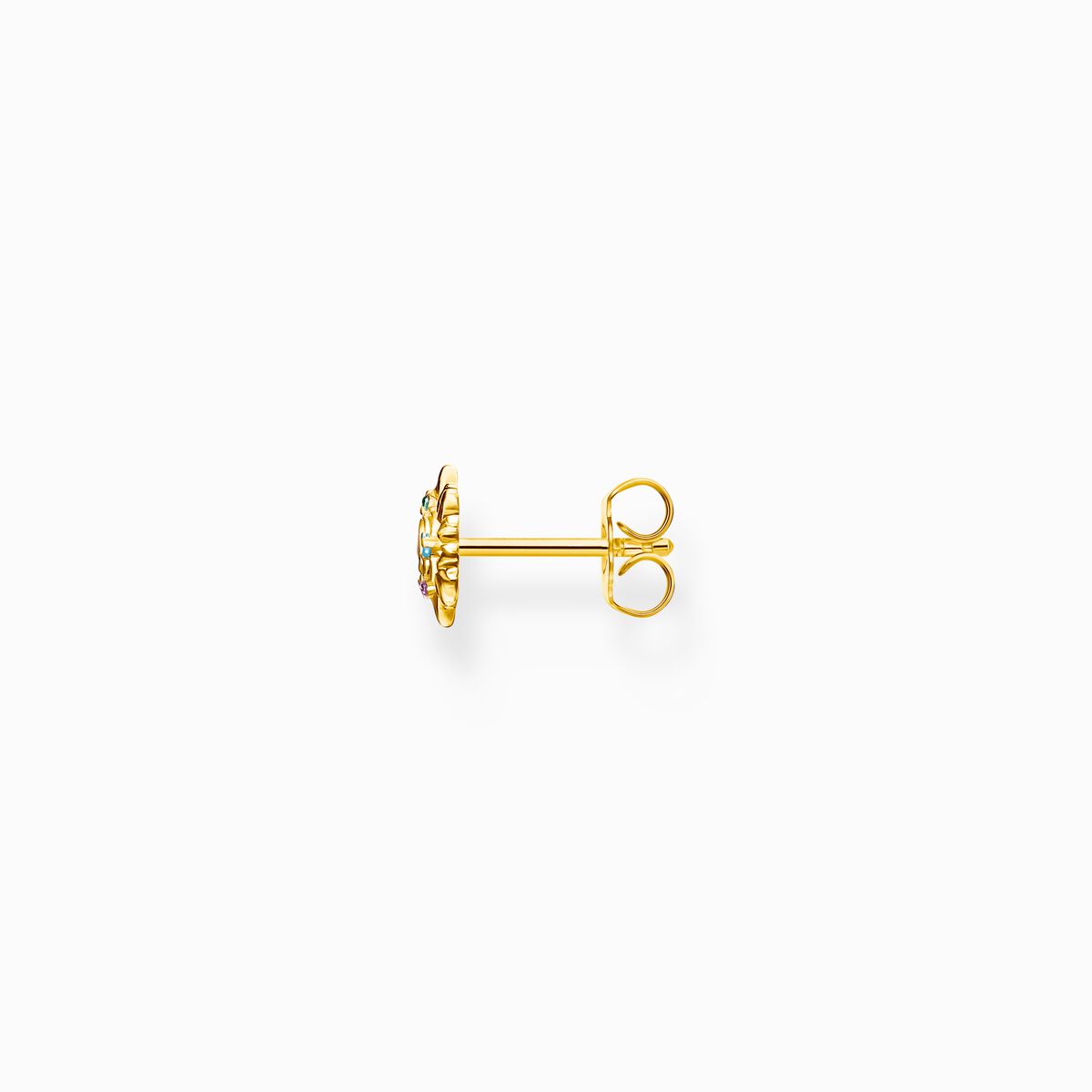Gold-plated single ear stud sun with colourful stones