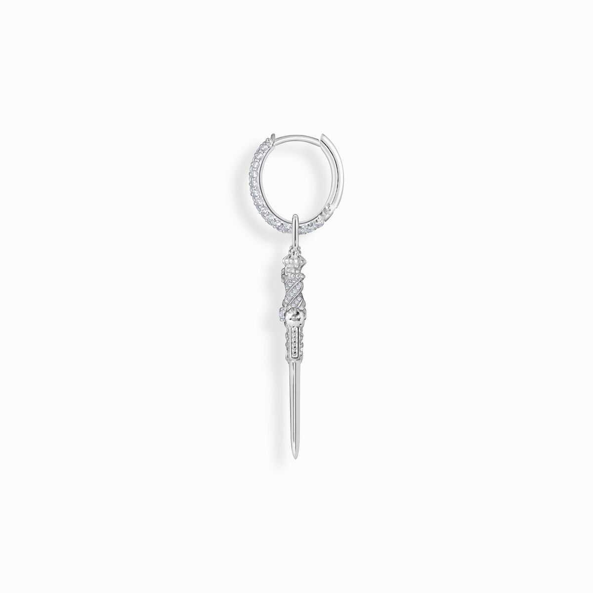 Silver single hoop earring with sword & white stones