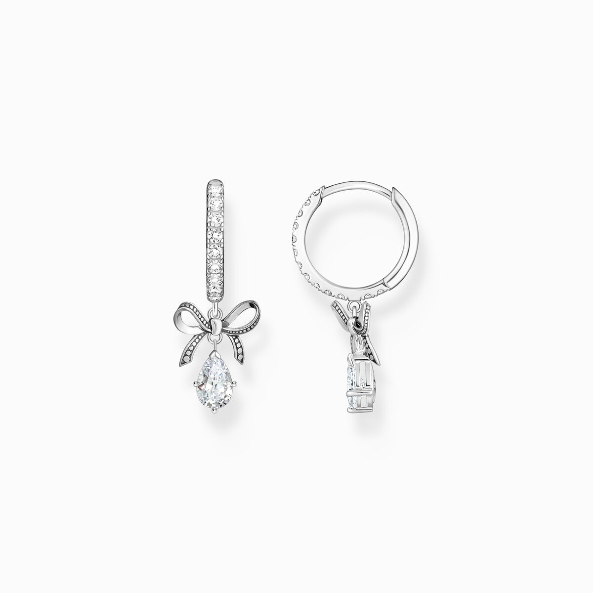Silver hoop earrings with bow pendant