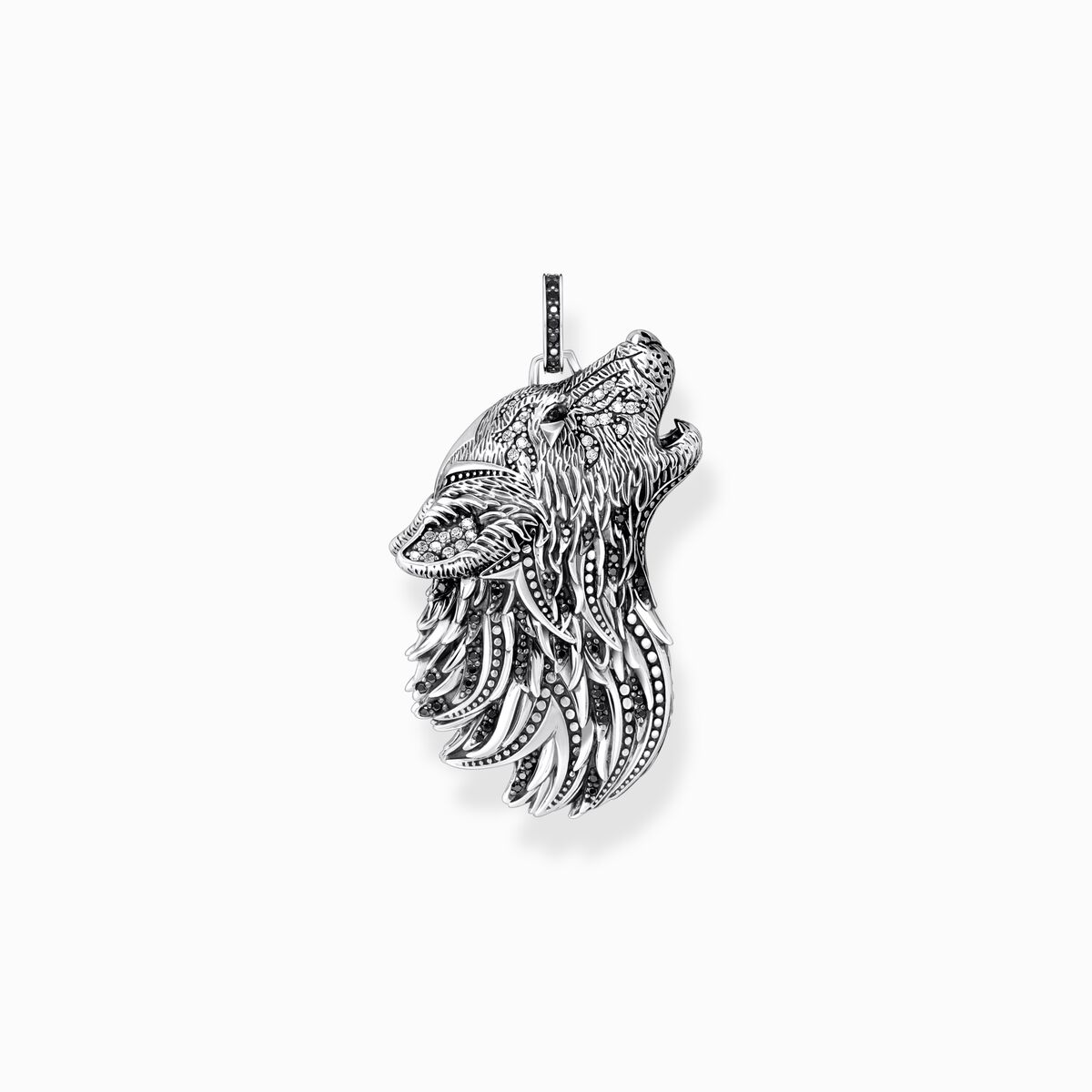 Silver blackened pendant howling wolf with stones