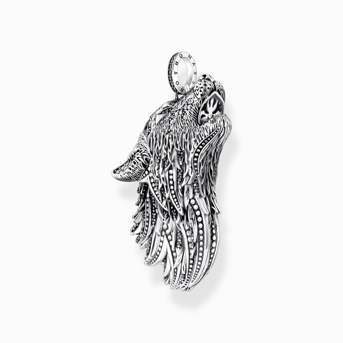 Silver blackened pendant howling wolf with stones