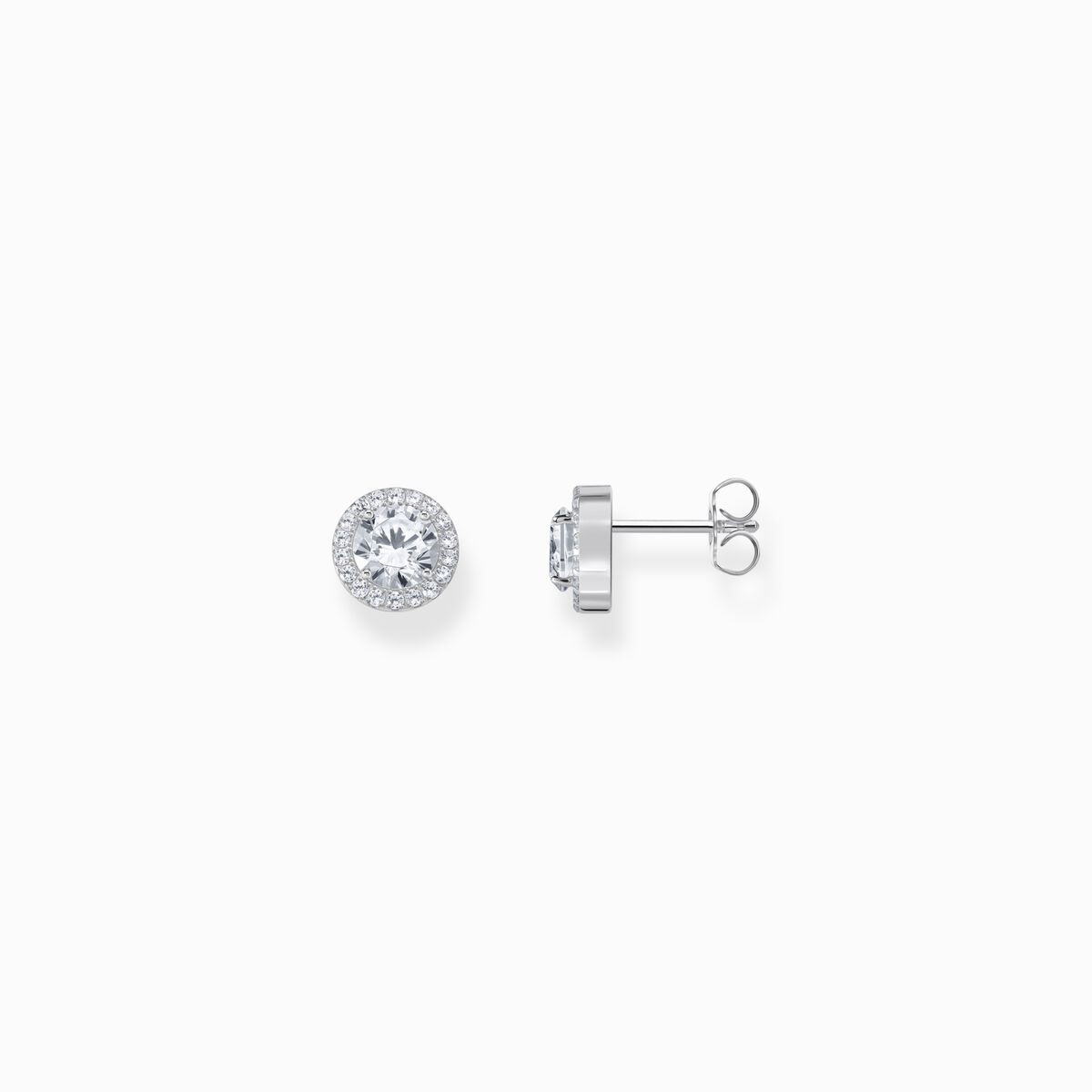 Silver halo ear studs with white zirconia in brilliant cut