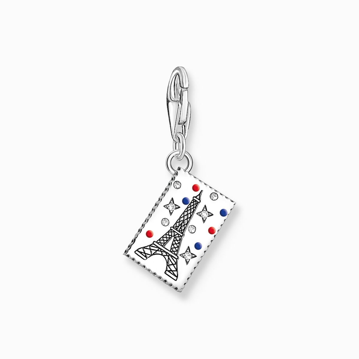 Silver charm pendant in stamp design with Eiffel Tower