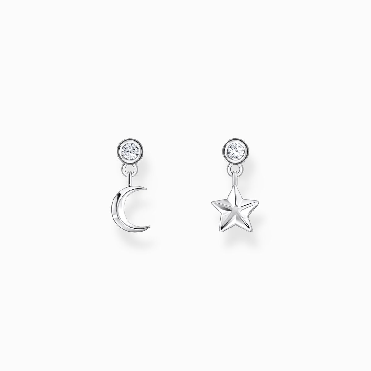Silver ear studs with sun and moon pendants