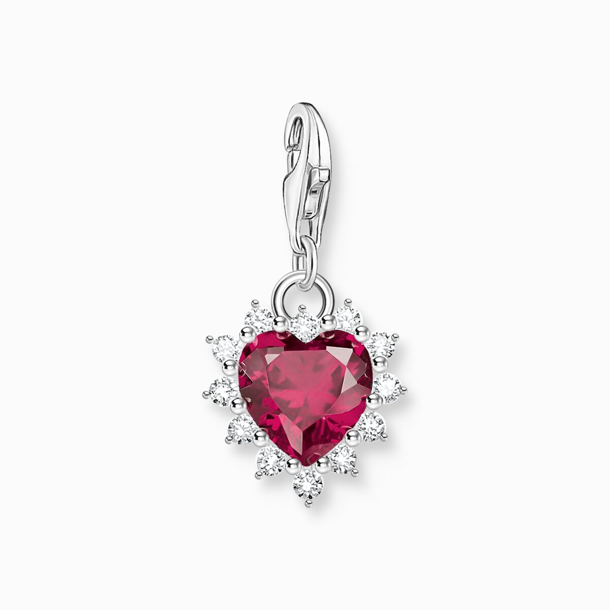 Silver heart charm pendant with red stone