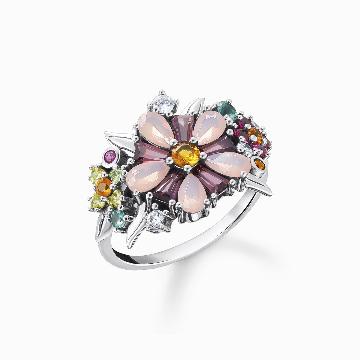 Ring flowers colourful stones silver