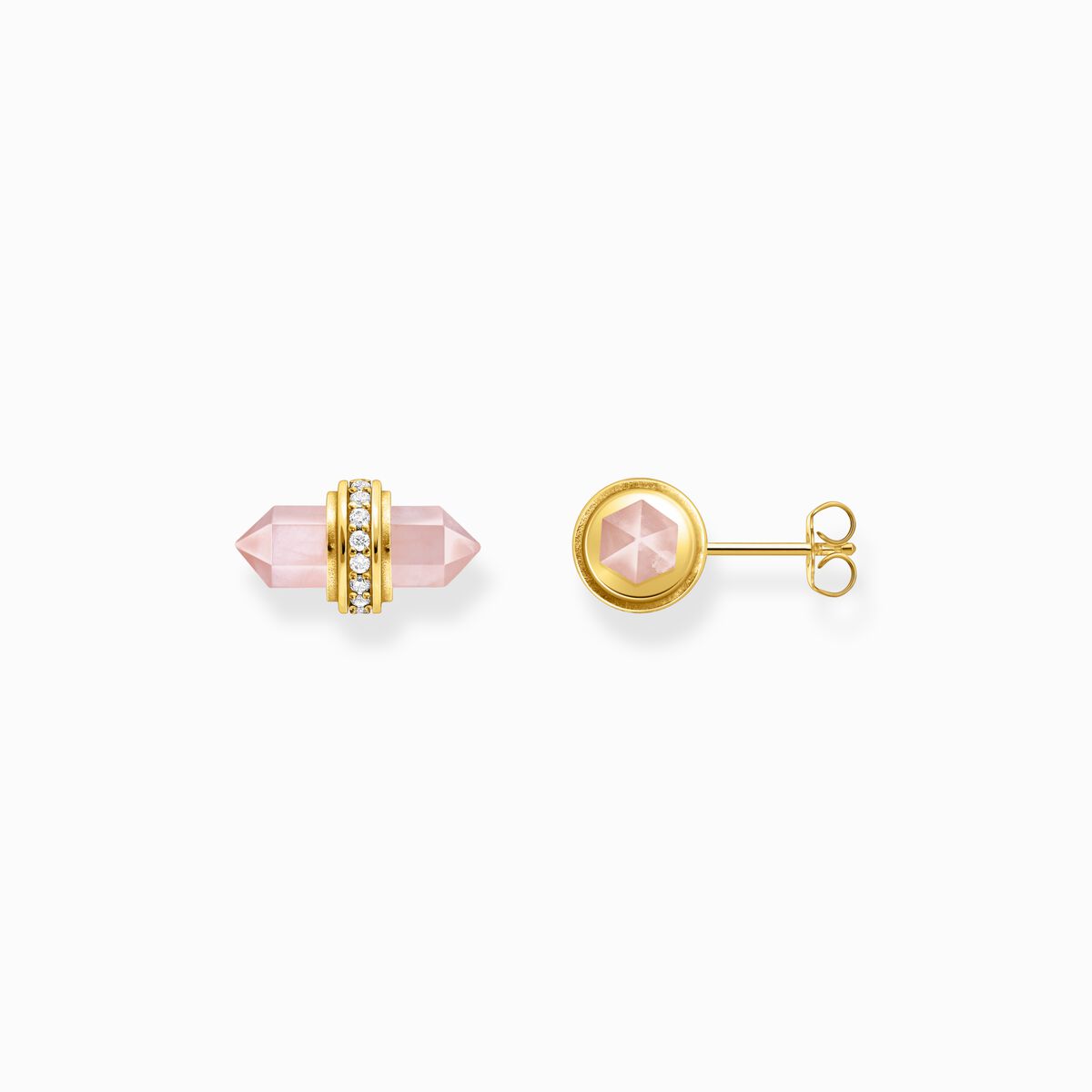 Gold-plated ear studs with hexagonal rose quartz
