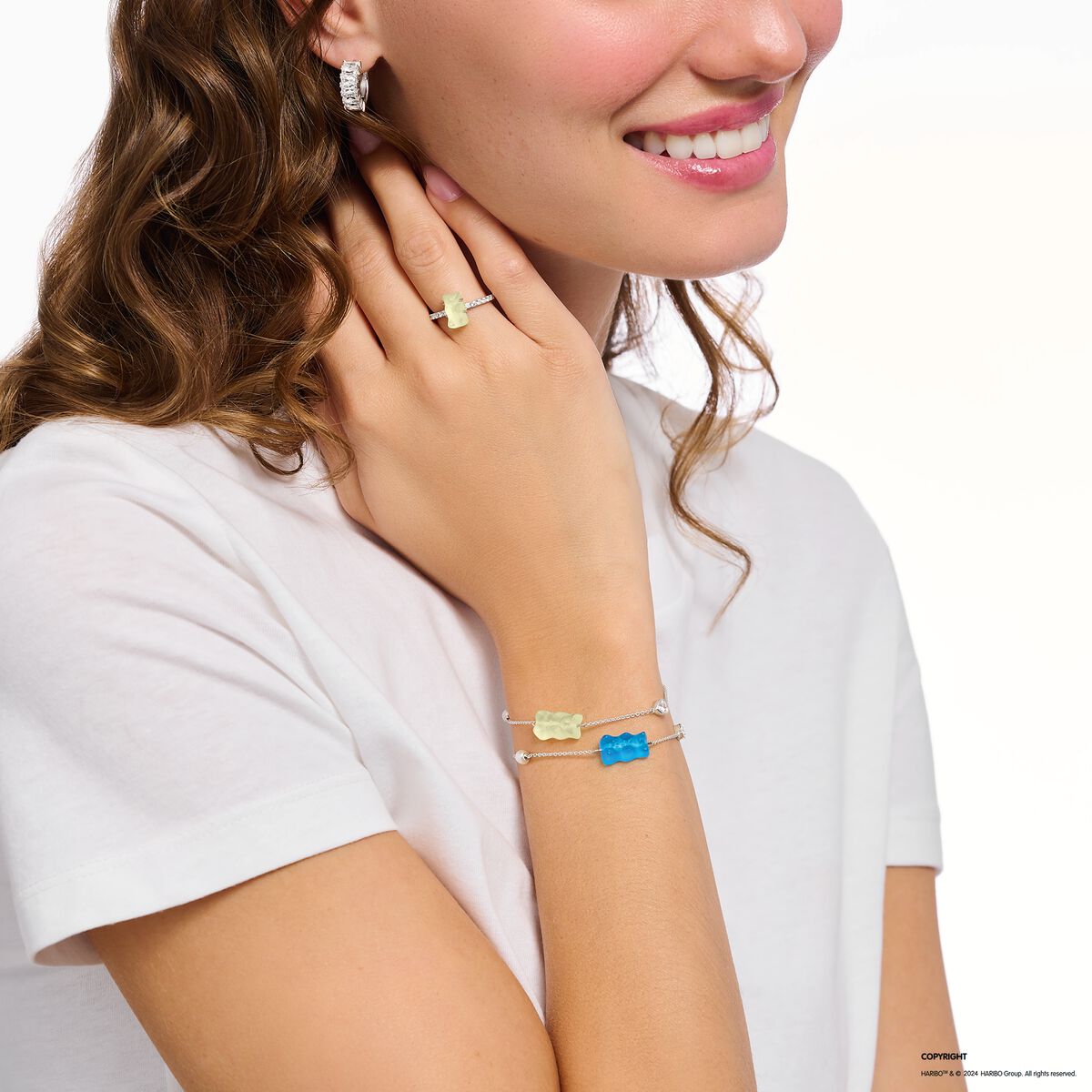 Silver bracelet with blue goldbears, freshwater pearl & zirconia