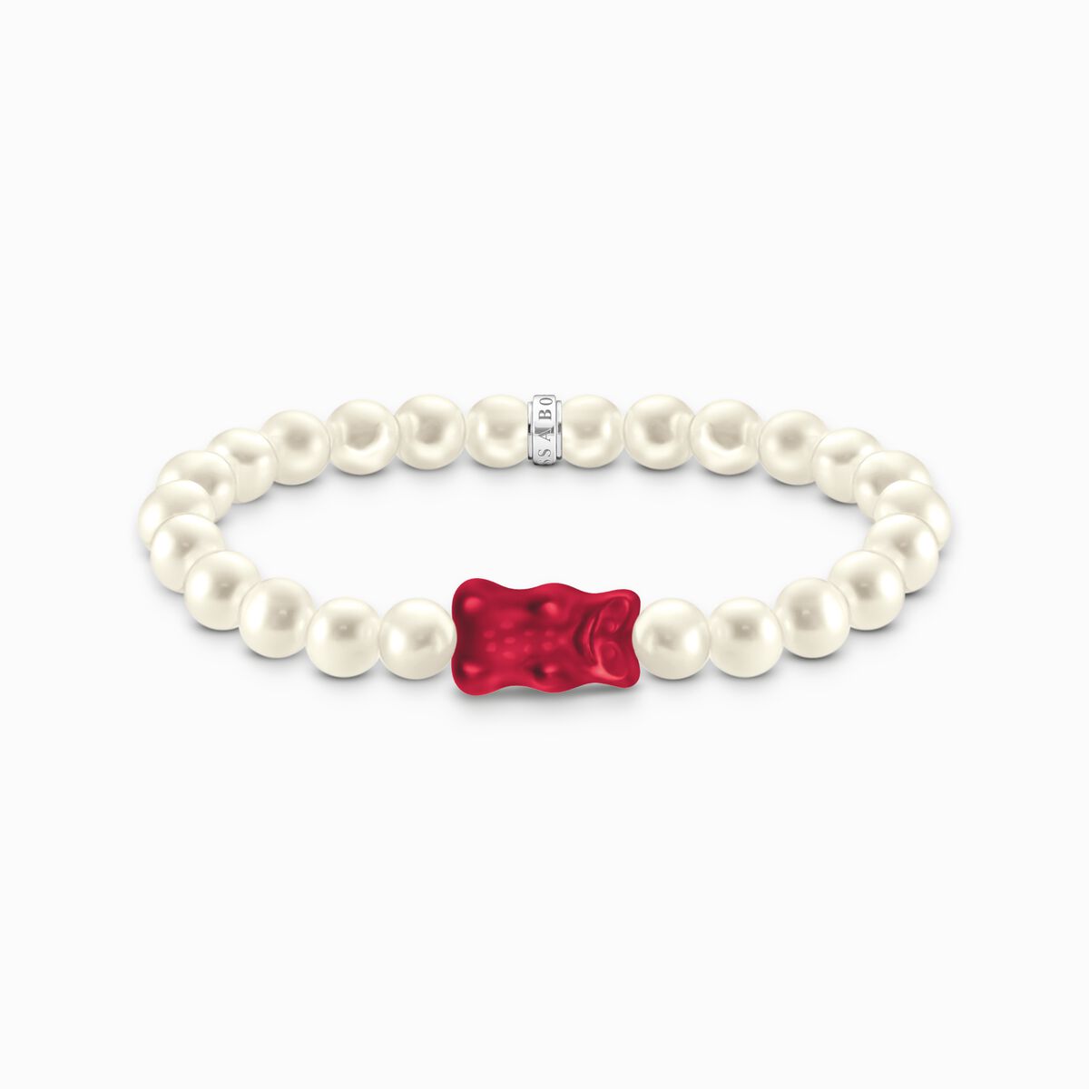 Silver pearl bracelet with red goldbears