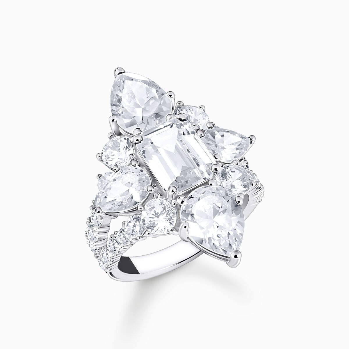 Silver cocktail ring with white zirconia in different sizes