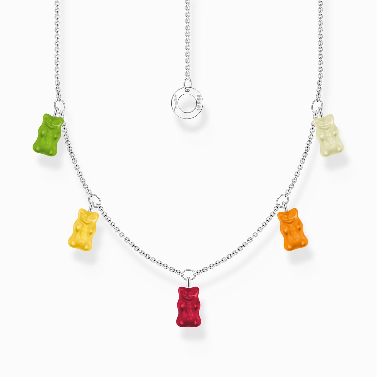 Silver necklace with 5 colourful goldbears