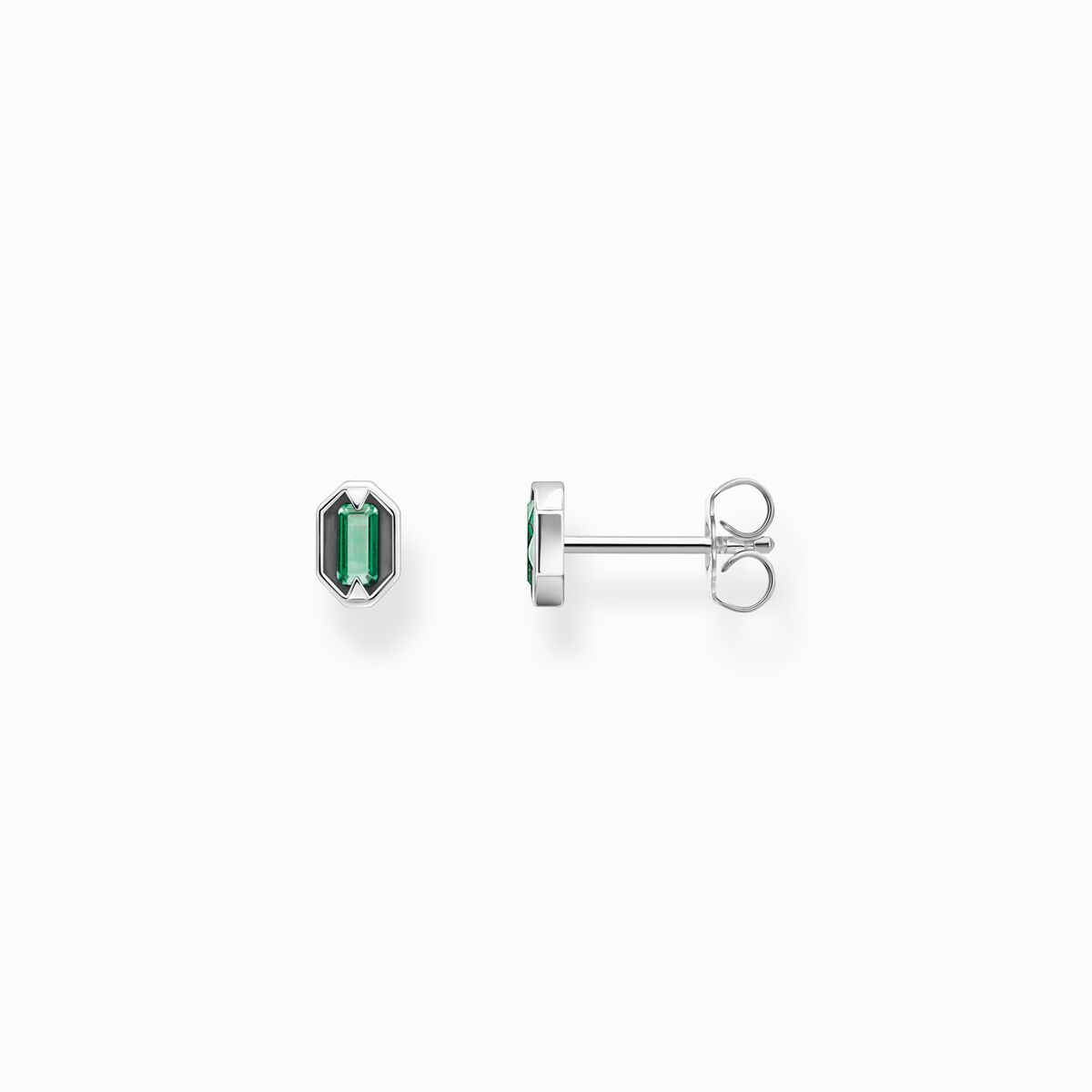 Blackened silver ear studs with crocodile eyes and green stones