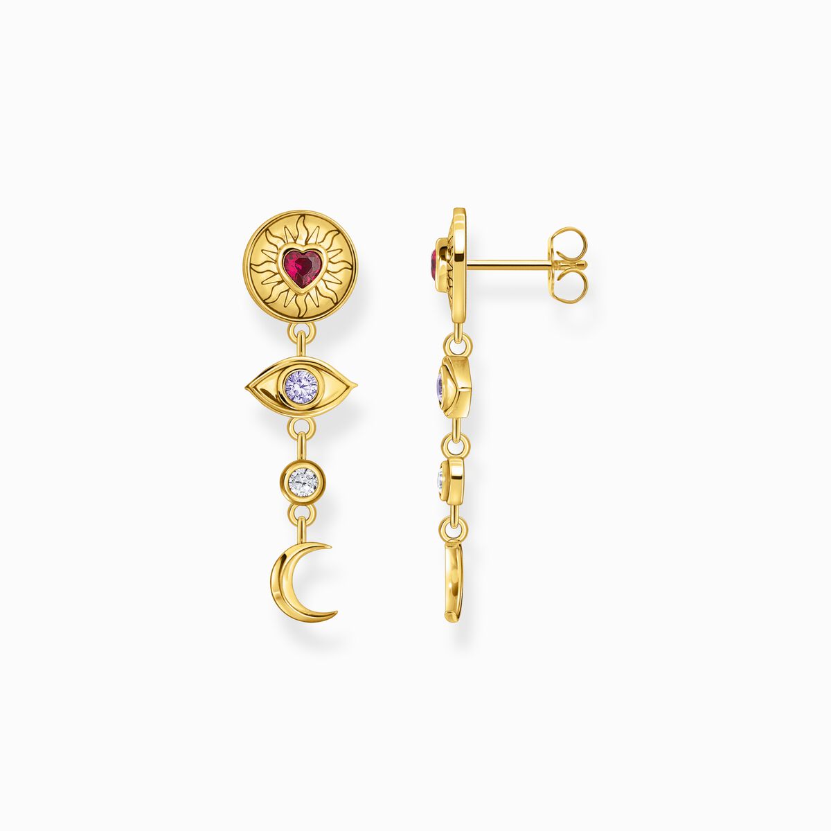 Yellow-gold plated earrings with 3D symbols and colourful stones