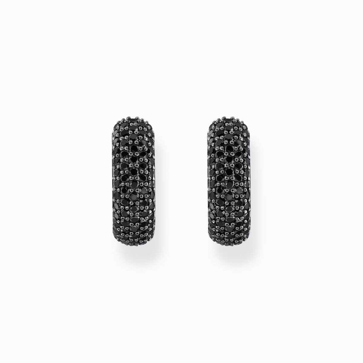 Silver small, wide hoop earrings with black zirconia