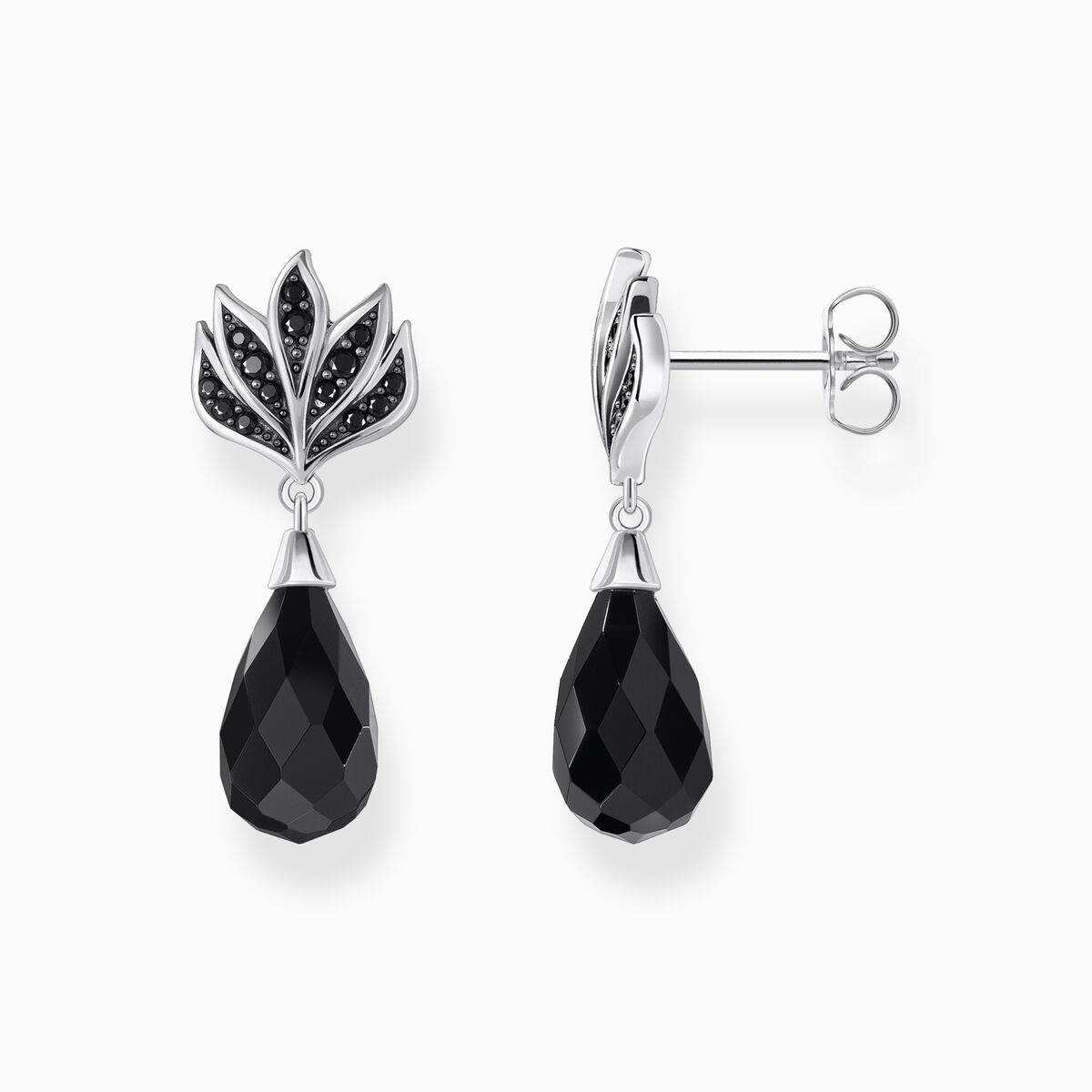 Silver blackened ear studs with drop-shaped obsidian