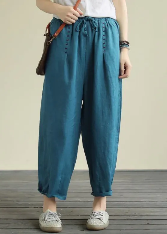 Blue loose casual plus size lace hemp cropped pants