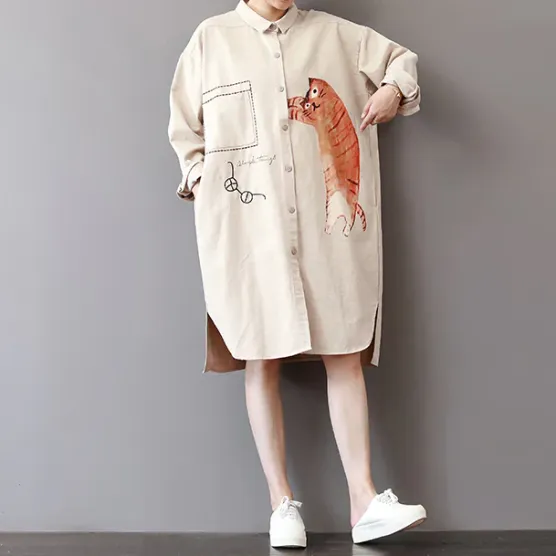 boutique light khaki cotton shift dress Loose fitting holiday dresses fine side open shirt dress