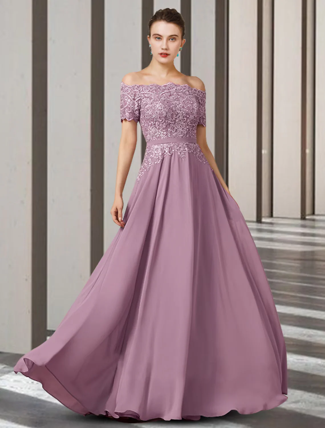 A-Line Mother of the Bride Dress Elegant Off Shoulder Floor Length Chiffon Lace Short Sleeve with Appliques - TREBLEV