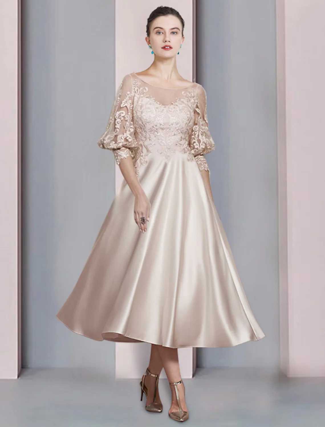 A-Line Mother of the Bride Dress Formal Elegant Scoop Neck Length Satin Lace Sleeve with Appliques - TREBLEV