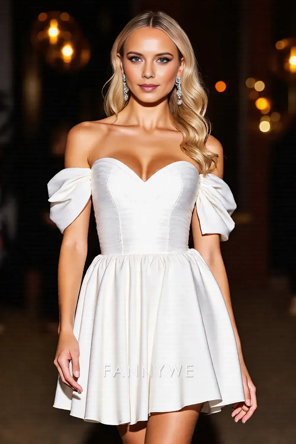 FannyWe Elegant White Satin A Line Off the Shoulder Short Homecoming Dress with Ruffles - TREBLEV