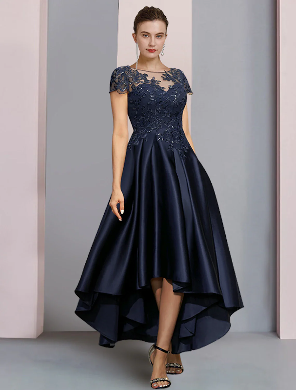 A-Line Mother of the Bride Dress Formal Wedding Guest Party Elegant High Low Scoop Neck Asymmetrical Tea Length Satin Lace Half Sleeve with Sequin Appliques - TREBLEV