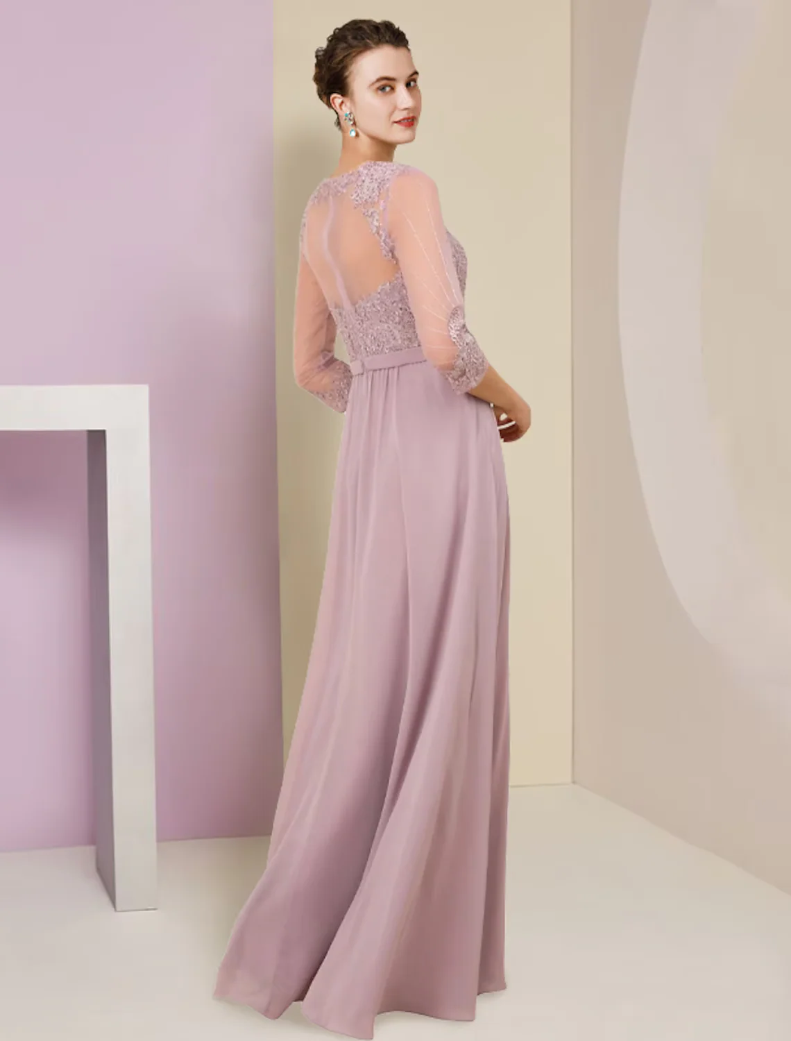 A-Line Mother of the Bride Dress Formal Wedding Guest Elegant V Neck Floor Length Chiffon Lace Sleeve with Pleats Appliques - TREBLEV