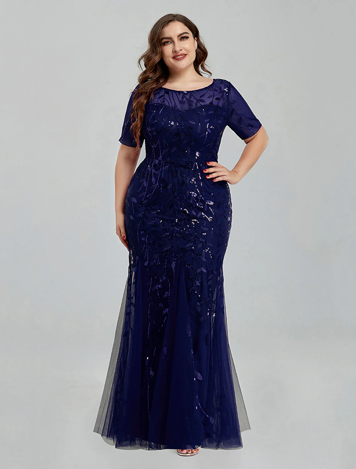 Mermaid / Trumpet Evening Gown Empire Dress Homecoming Floor Length Short Sleeve Jewel Neck Tulle with Embroidery - TREBLEV