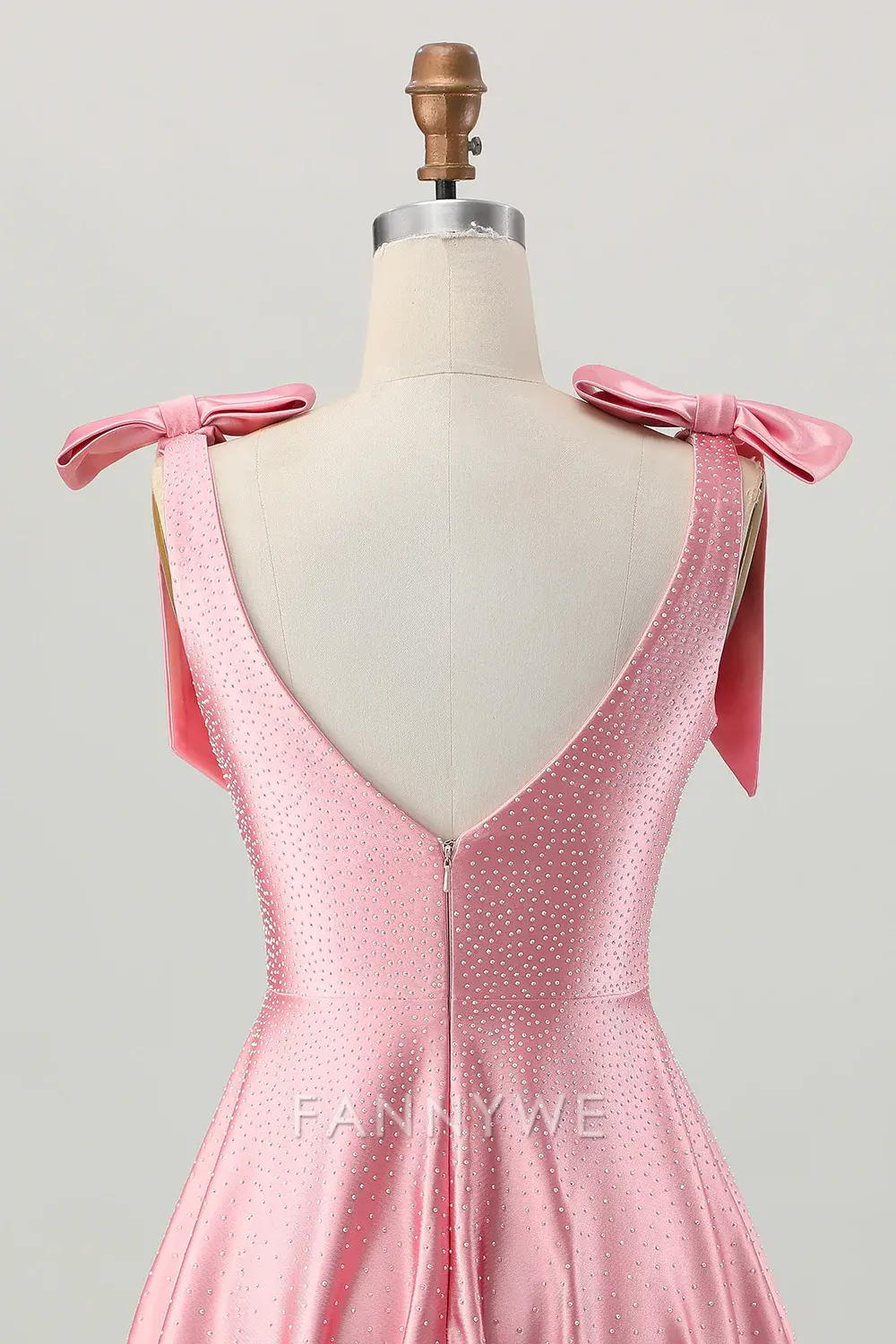 FannyWe Elegant Sparkly Blush Pink A Line Satin Short Beaded Homecoming Dress with Bow - TREBLEV