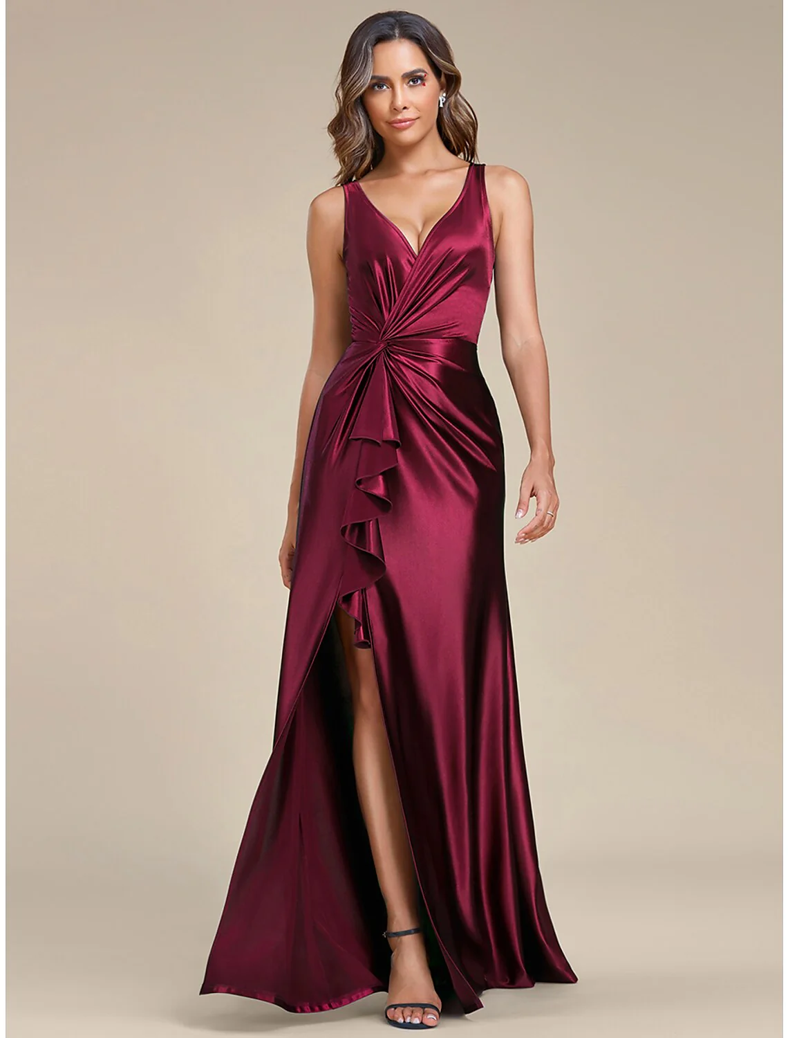 A-Line Wedding Guest Dresses Elegant Dress Formal Sweep / Brush Train Sleeveless V Neck Bridesmaid Dress Satin with Ruched Ruffles Slit - TREBLEV