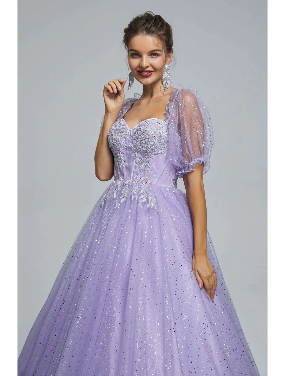 Ball Gown Prom Dresses Princess Dress Graduation Floor Length Short Sleeve Tulle with Sequin Appliques - TREBLEV