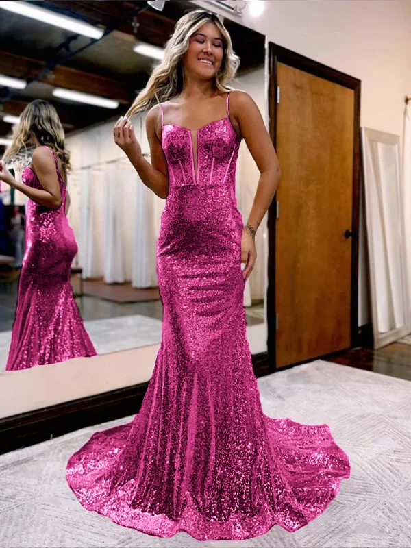 Trumpet/Mermaid Sequins Sweetheart Sleeveless Court Train Corset Dresses - TREBLEV