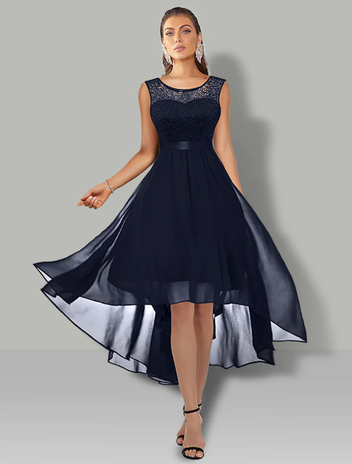 A-Line Cocktail Dresses Vintage Dress Party Wear Asymmetrical Sleeveless Jewel Neck Chiffon with Pleats Lace Insert Pure Color - TREBLEV