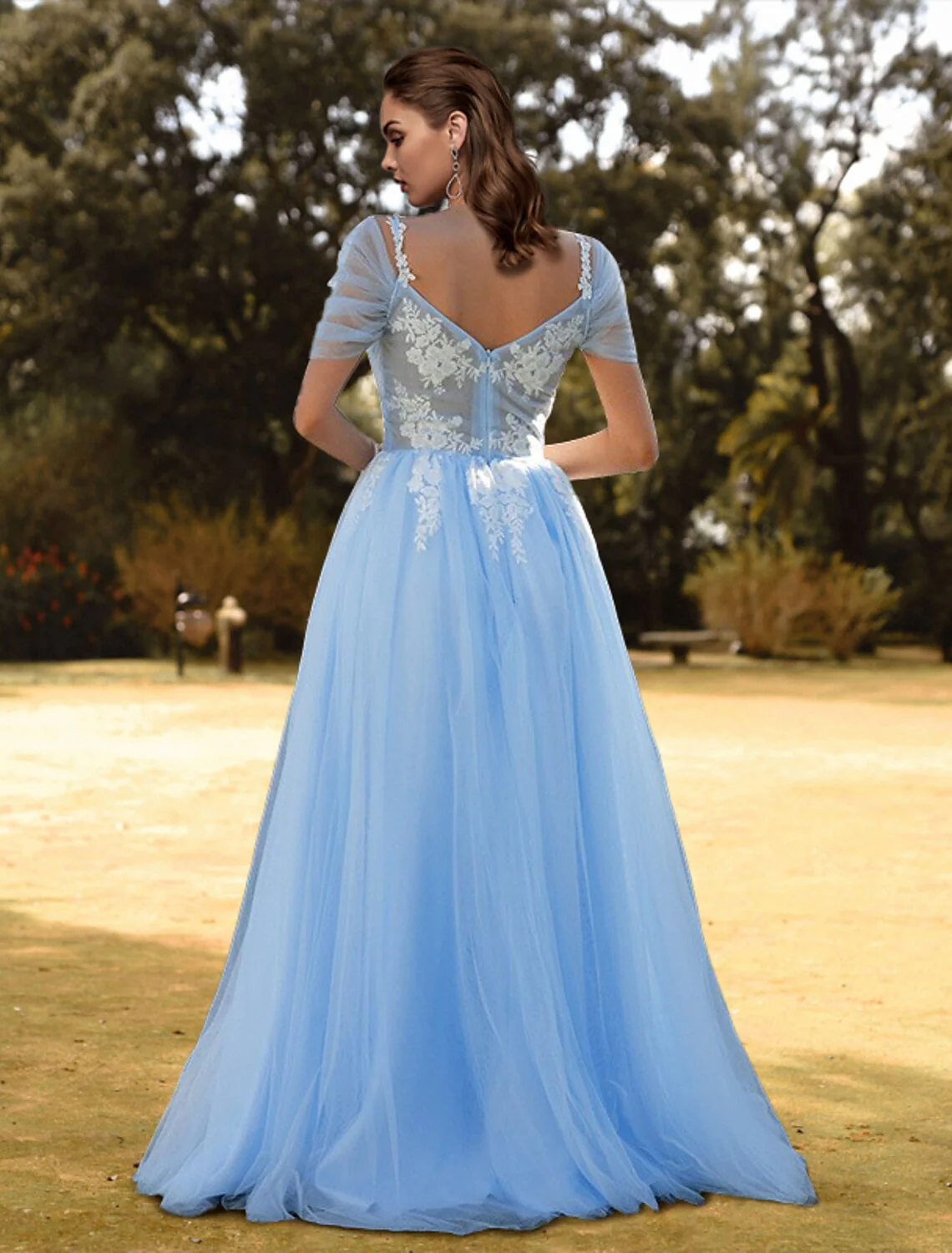 A-Line Prom Dresses Floral Dress Wedding Guest Sweep / Brush Train Short Sleeve V Neck Tulle with Slit Appliques - TREBLEV