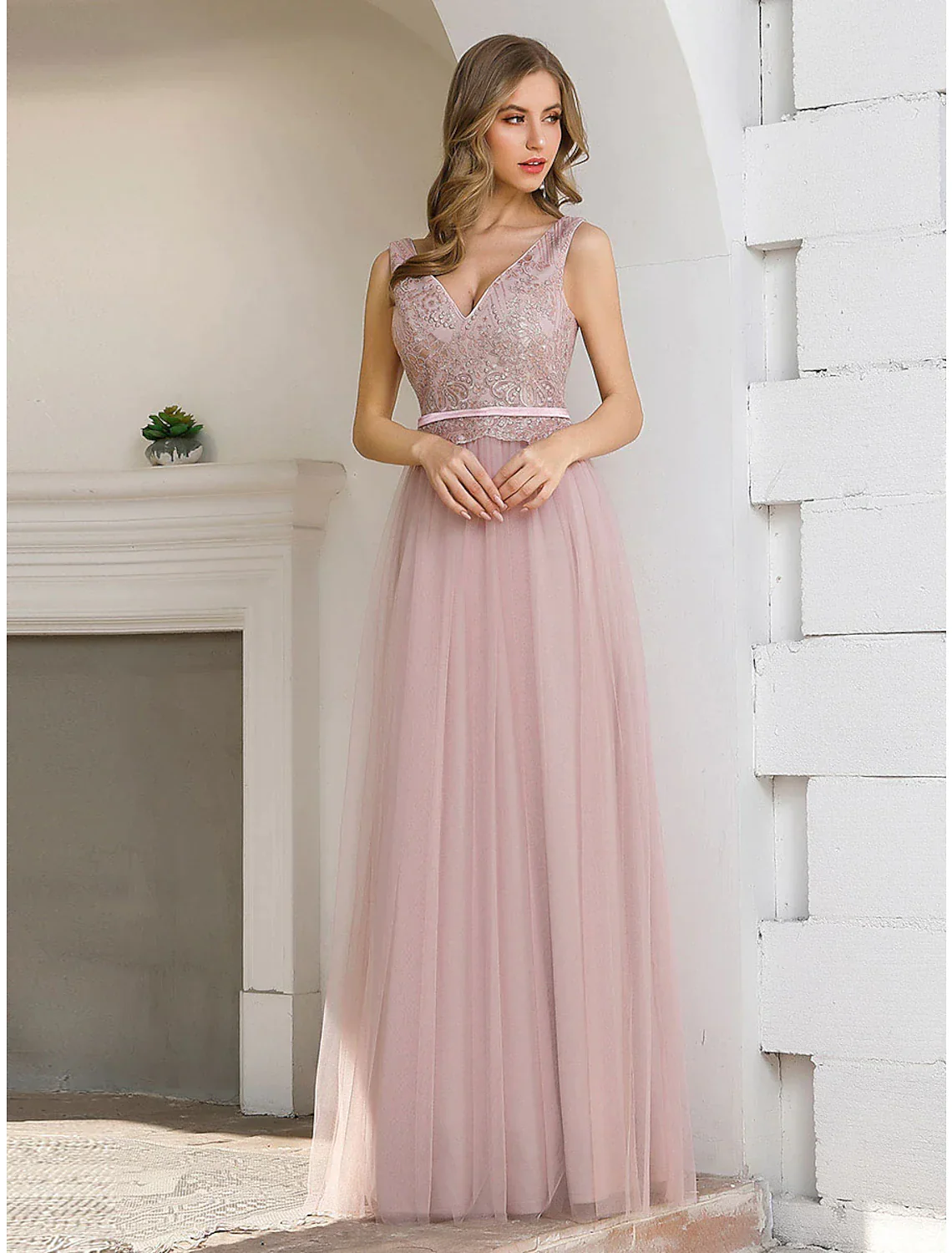 A-Line Evening Gown Elegant Dress Wedding Guest Floor Length Sleeveless V Neck Satin V Back with Sash Ribbon Sequin - TREBLEV