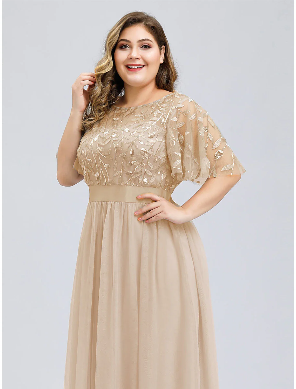 A-Line Prom Dresses Plus Size Dress Wedding Guest Floor Length Short Sleeve Jewel Neck Chiffon with Appliques - TREBLEV