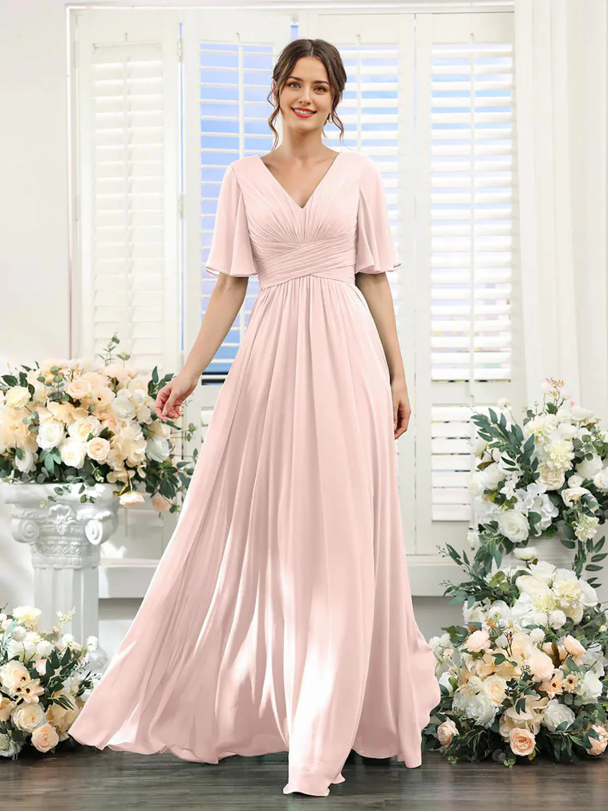 A-Line V Neck Sleeve Long Chiffon Formal Party Dresses for Wedding Guest Bridesmaid Dress - TREBLEV