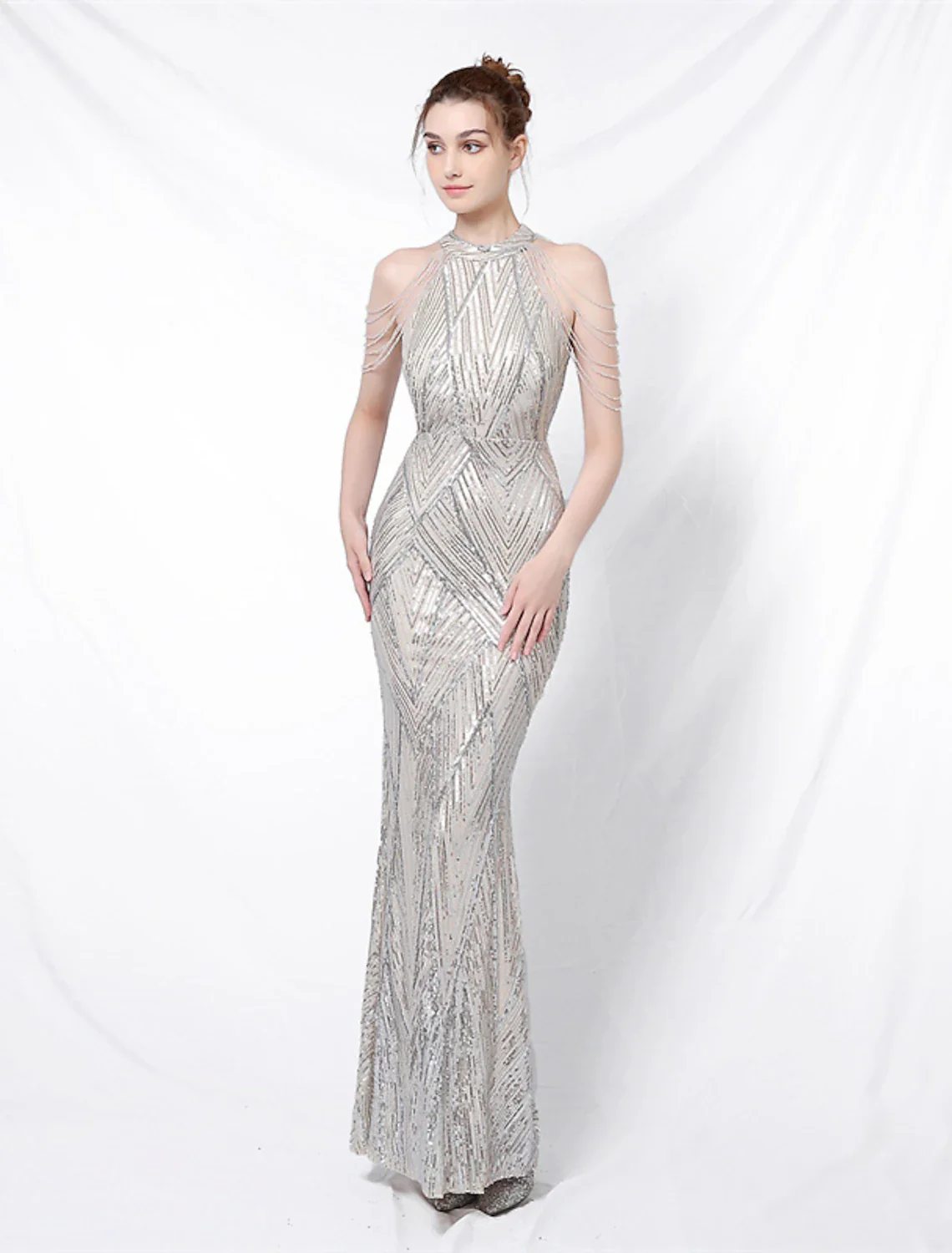 Mermaid / Trumpet Prom Dresses Sparkle & Shine Dress Formal Floor Length Sleeveless Halter Sequined with Sequin - TREBLEV