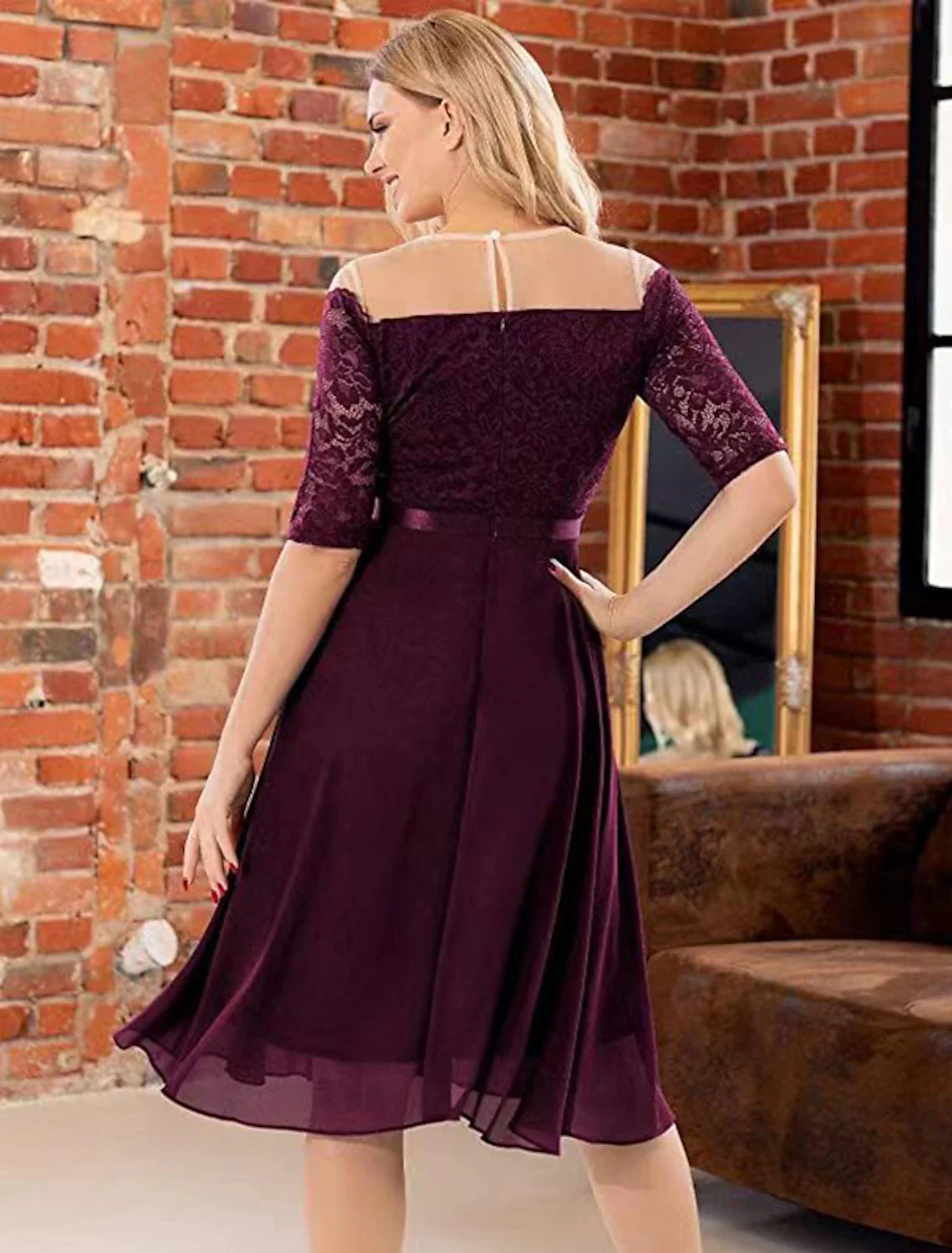 A-Line Cocktail Dresses Minimalist Dress Party Wear Knee Length Half Sleeve Jewel Neck Lace with Pleats - TREBLEV