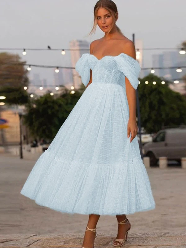 A-Line/Princess Tulle Ruffles Off-the-Shoulder Sleeveless Tea-Length Homecoming Dresses - TREBLEV