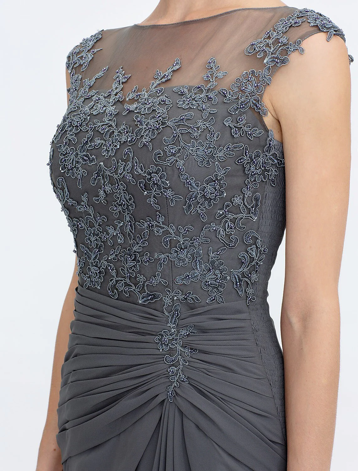 A-Line Mother of the Bride Dress Elegant See Through Bateau Neck Floor Length Chiffon Lace Sleeveless with Side Draping - TREBLEV