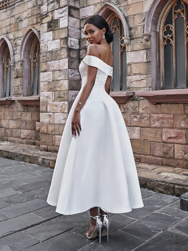 A-Line/Princess Satin Ruffles Off-the-Shoulder Sleeveless Ankle-Length Wedding Dresses - TREBLEV