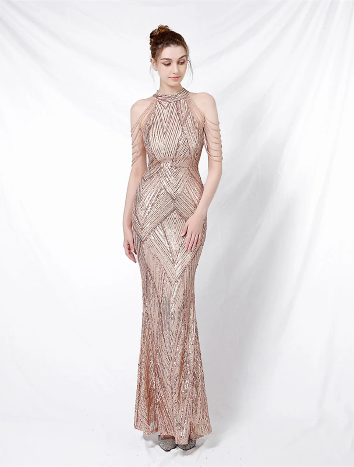 Mermaid / Trumpet Prom Dresses Sparkle & Shine Dress Formal Floor Length Sleeveless Halter Sequined with Sequin - TREBLEV