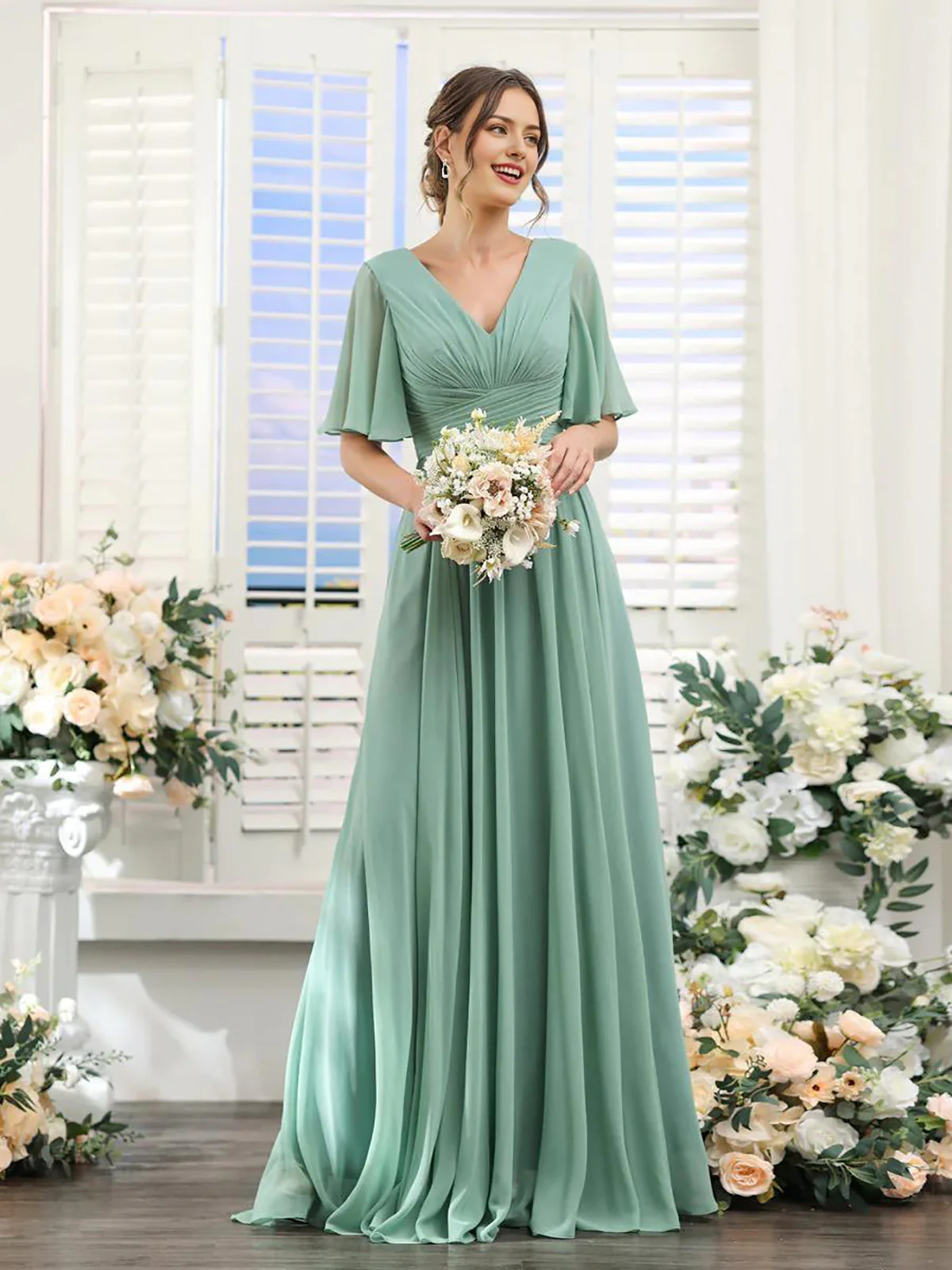 A-Line V Neck Sleeve Bridesmaid Dress for Wedding Guest Long Chiffon Party Dresses with Slit - TREBLEV