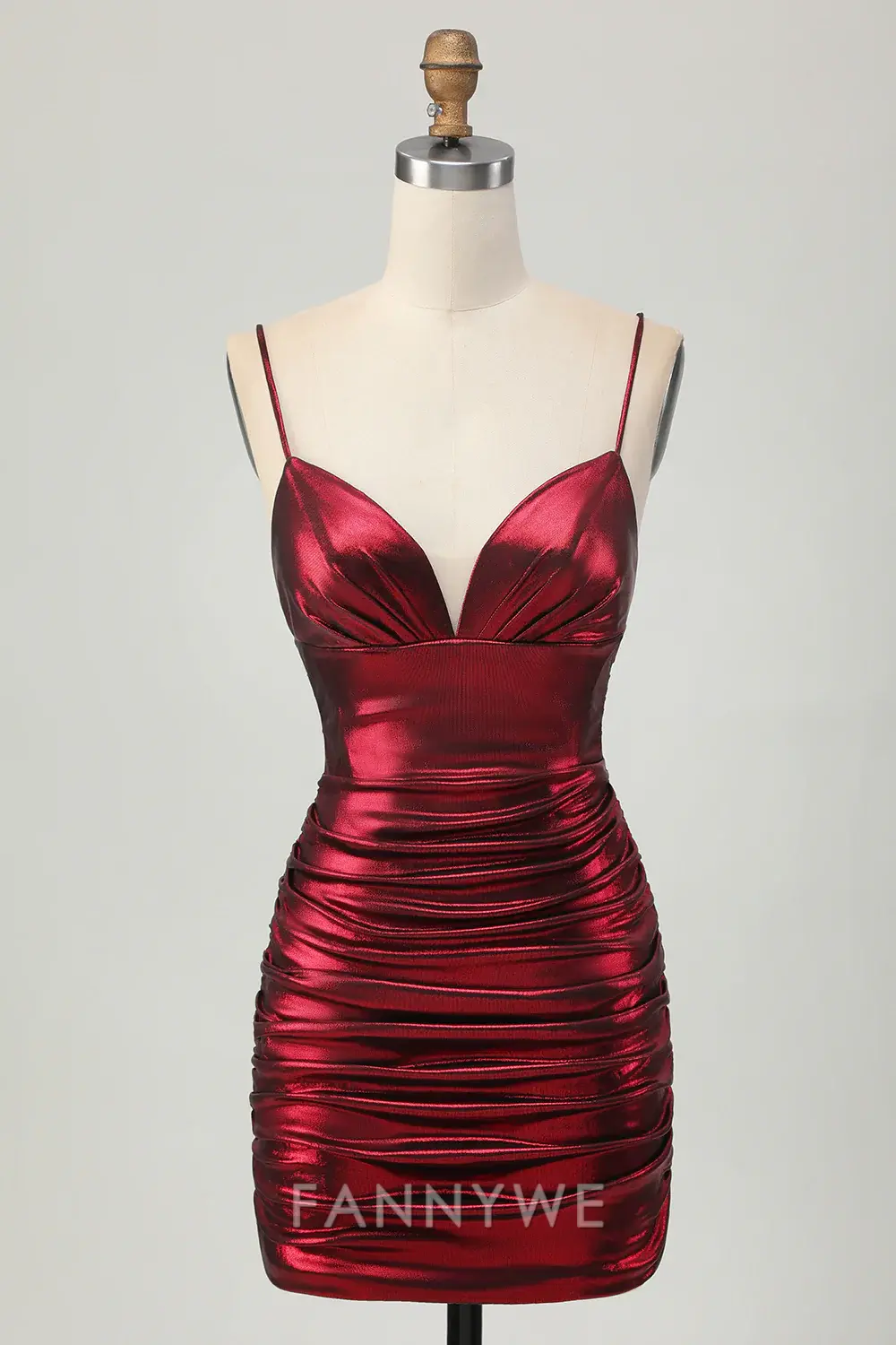 FannyWe Elegant Burgundy Tight Ruched Spaghetti Straps Short Metallic Homecoming Dress formal wear dresses - TREBLEV
