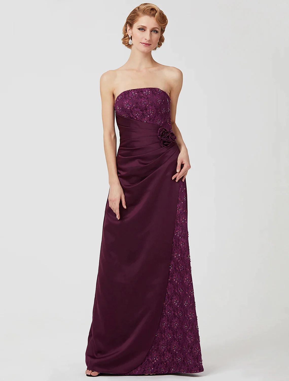 A-Line Mother of the Bride Dress Elegant Floor Length Satin Lace Sleeveless with Flower - TREBLEV